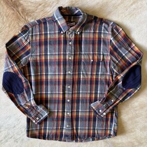 Johnnie O Shirt Men Medium Harley Surf Orange Blue Plaid Flannel Elbow Patch